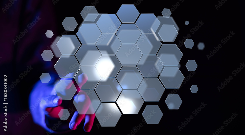 Poster futuristic tech background with glowing hexagons. perfect for innovation, digital, and network conce