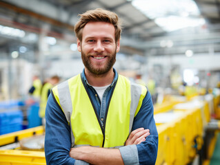 A male worker wearing a high-visibility vest stands at a production line, smiling at the camera.