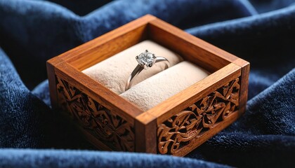 Elegant diamond solitaire ring resting in a beautifully carved wooden keepsake box