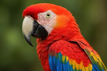 Obraz premium A close-up portrait of a red parrot with its striking blue and yellow feathers, set against a blurred green backdrop