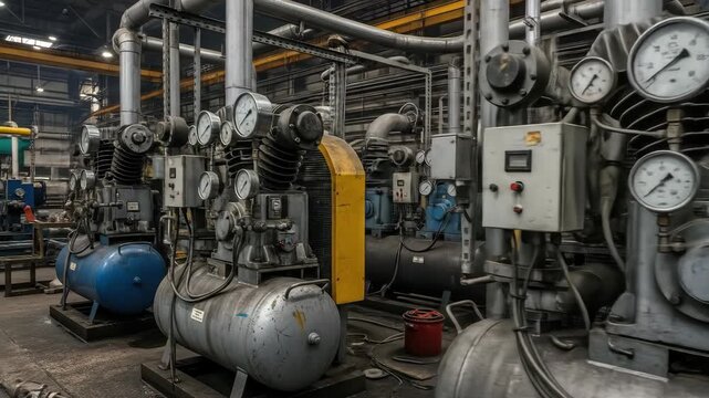 Factory floor with industrial compressors, gauges, and pipes. Heavy machinery hinting at compressed air operations.