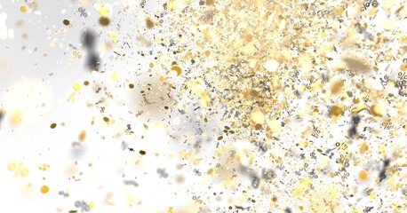 Abstract background image of gold and silver confetti with percentage symbols. Perfect for sale banners, promotions, and celebratory designs.
