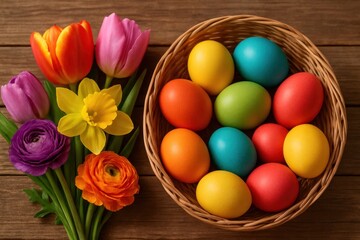 A vibrant array of Easter eggs nestled in a woven basket, accompanied by an assortment of colorful tulips and daffodils, symbolizing the joyous celebration of spring