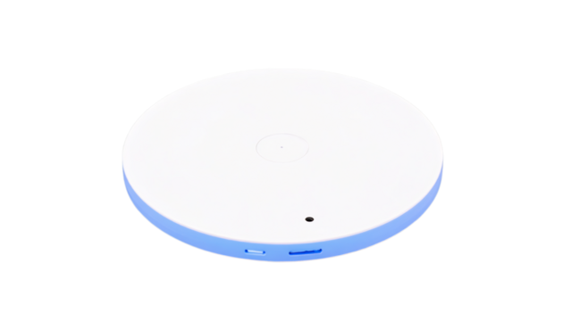 White round smart home device with blue trim, featuring indicator light and ports for connectivity and automation on transparent background
