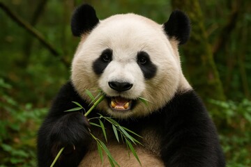 A gentle panda enjoys a bamboo snack amidst the tranquil embrace of lush greenery