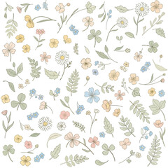 Collection of delicate hand-drawn floral elements including daisies, clovers, forget-me-nots, and various leaves in pastel colors, scattered on a white background.