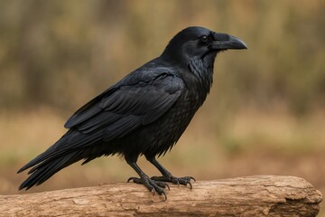 Fototapeta premium A solitary black crow perches on a fallen log, its gaze piercing the soft focus of nature's backdrop
