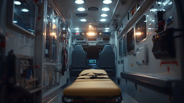 Empty ambulance interior at night, ready for patient transport - Powered by Adobe