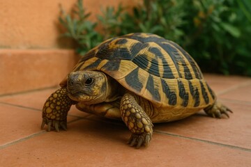 Obraz premium A solitary garden turtle stands poised on a rustic brick floor, its striking pattern of black and yellow scales contrasting with the earthy tones of its surroundings