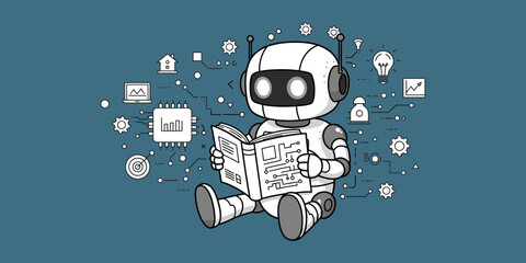 Robot reading book surrounded by technology and infographic symbols  