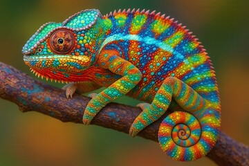 Naklejka premium A vibrant chameleon perches on a branch, its body adorned with a mesmerizing array of colors that blend seamlessly into the lush green backdrop