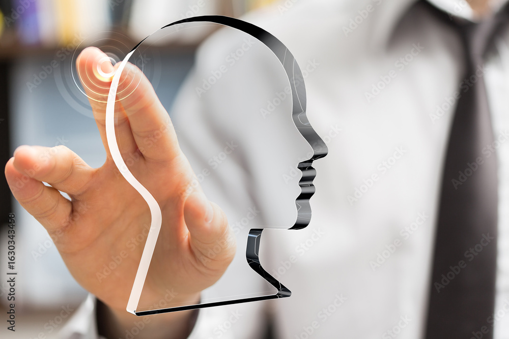 Poster abstract image of a person interacting with a transparent holographic head, symbolizing digital tran