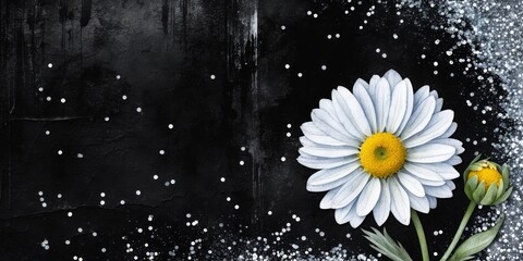 White daisy flower with green leaves and bud on a grunge black background with sparkling glitter and copy space.