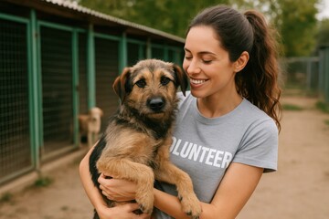 A moment of connection between a volunteer and her furry friend at an animal shelter