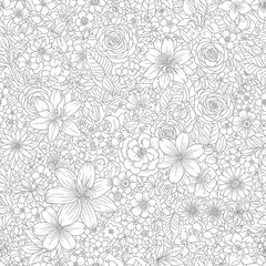 A detailed seamless pattern of hand-drawn flowers like roses and lilies in an intricate monochrome line art style.