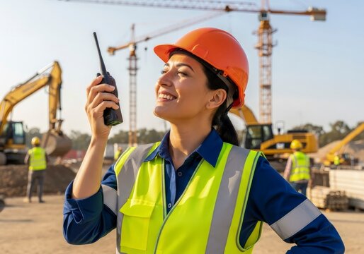 A construction worker wearing an orange hard hat and vest holds a walkietalkie at a construction site