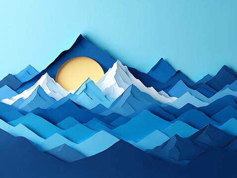 Abstract Paper Cutout Mountains Scene with Sunrise and Ocean Waves