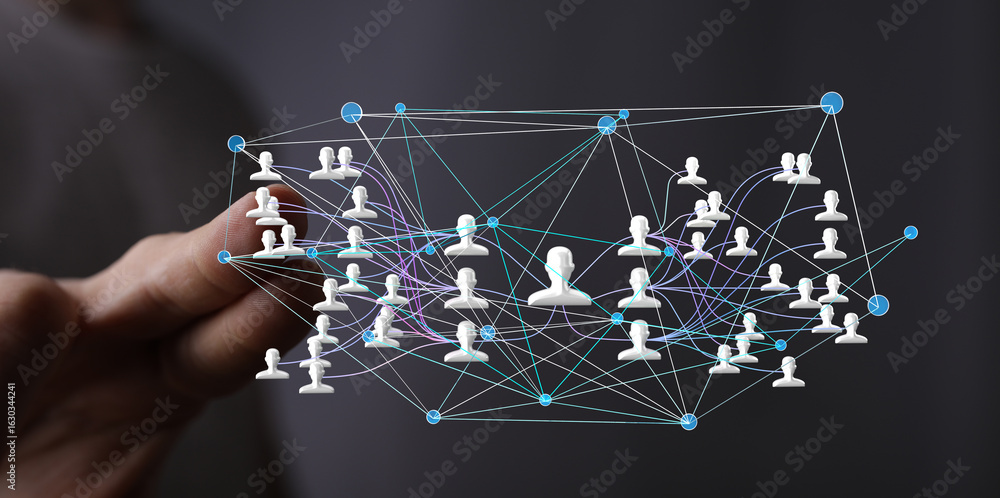 Poster image depicting a complex network of interconnected people, symbolizing global communication and col