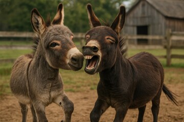 Fototapeta premium Two donkeys share a moment of joy in their rustic farm setting