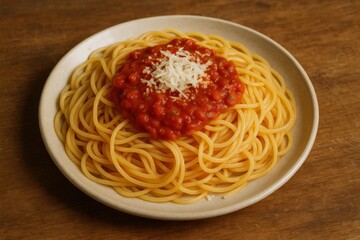 Spaghetti with a generous serving of vibrant red sauce and sprinkles of freshly grated Parmesan cheese, presented on a pristine white plate, ready to be savored