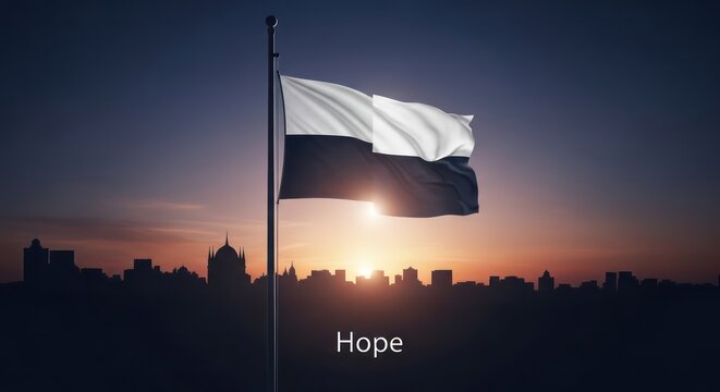 Hope Flag Waving Majestically Over a City Silhouette During a Vibrant Sunrise