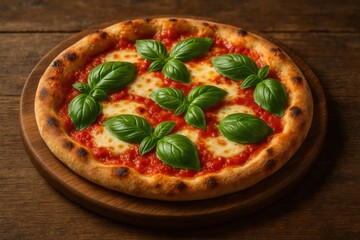 Freshly Baked Margherita Pizza with Fresh Basil Leaves on a Wooden Board