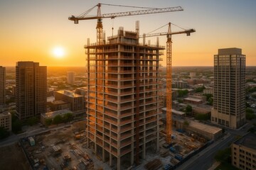 Fototapeta premium A Skyscraper Under Construction at Sunset
