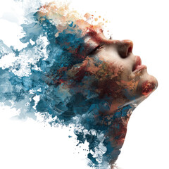 Abstract portrait of a woman, with paint-like textures swirling around her head