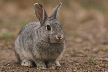 Fototapeta premium A young rabbit sits attentively on a grassy patch, its eyes reflecting the world around it