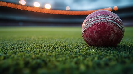 Close-up of a red cricket ball on a green field with stadium lights blurred in the background, suggesting an evening match