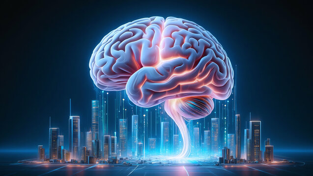 Brain with Digital Cityscape Connection. illuminated brain represents innovation and futuristic concepts.