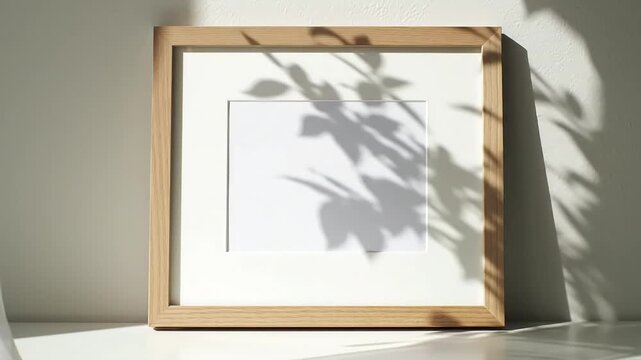 Blank frame, leaf shadows, sunlit wall, mockup