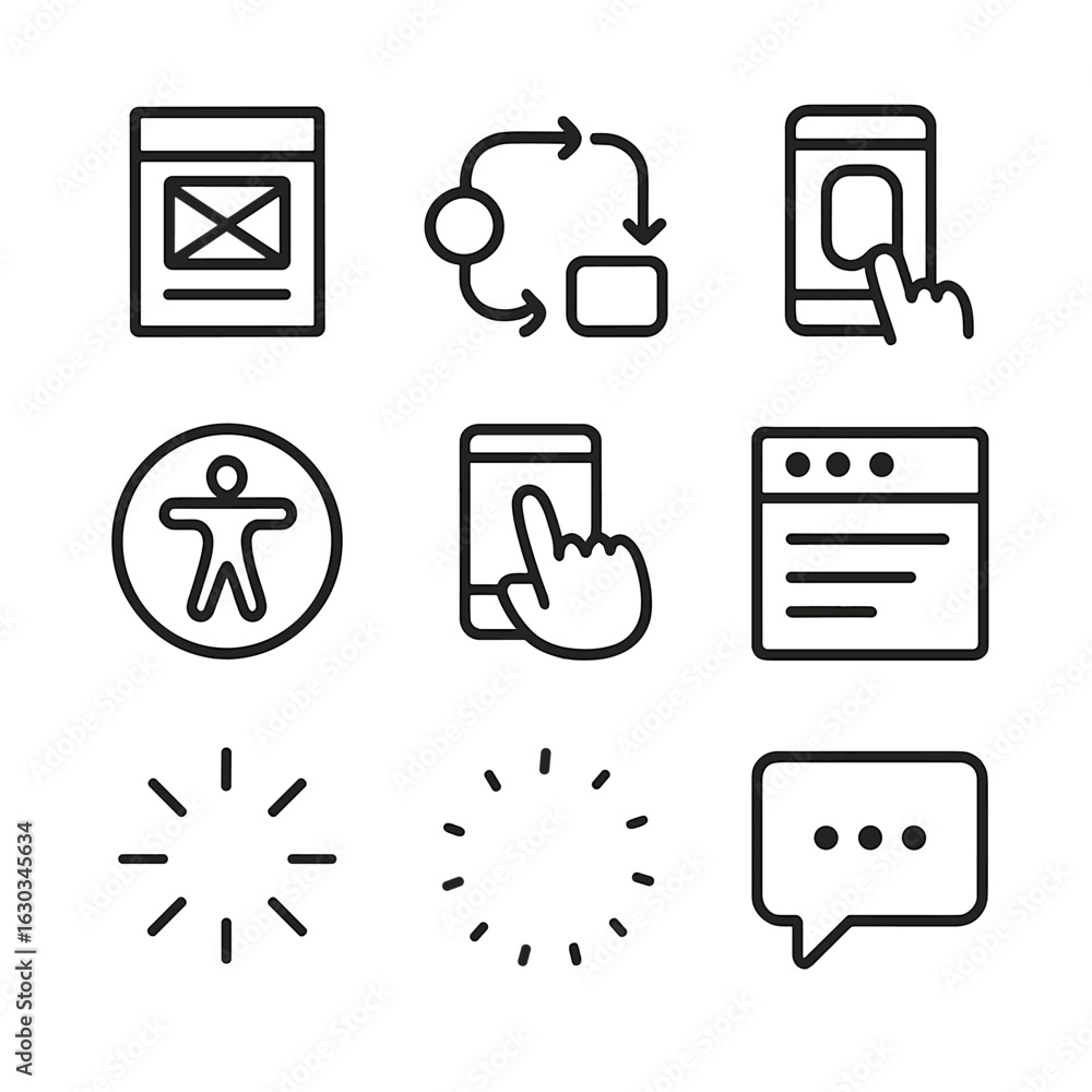 Poster user interface icons. outline icon set of user experience and interface: wireframe, user flow, proto