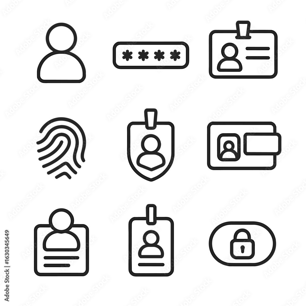 Poster user credentials icons. outline icon set of user credentials: username, password input, access card,