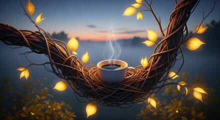 Cozy cup of coffee resting in a nature nest with glowing leaves