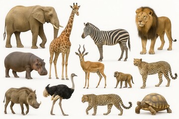 A diverse array of wildlife graces this digital illustration, showcasing a variety of species from the savannah to the jungle, each rendered with meticulous attention to detail and color accuracy