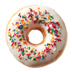 A delicious white frosted donut adorned with a colorful assortment of rainbow sprinkles presented against a stark black background for a striking visual