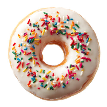 A delicious white frosted donut adorned with a colorful assortment of rainbow sprinkles presented against a stark black background for a striking visual