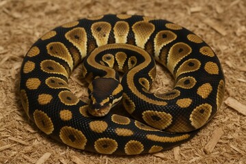 Fototapeta premium A python coiled gracefully on a bed of wood shavings