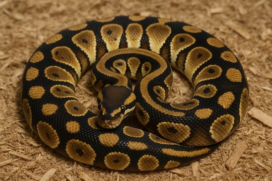A python coiled gracefully on a bed of wood shavings