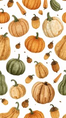 Seamless Watercolor Pattern of Fall Pumpkins Gourds and Acorns on White Background for Autumn Harvest Design