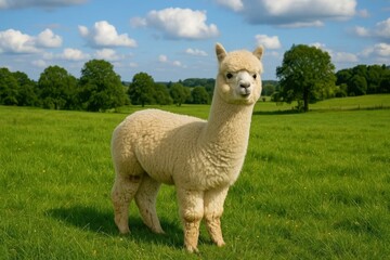 Fototapeta premium A lone alpaca stands majestically amidst a verdant field under the watchful gaze of a clear blue sky, embodying the tranquil beauty of rural life