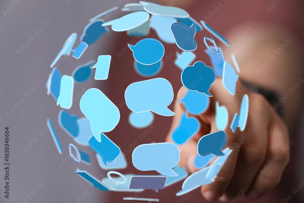 Poster abstract image of interconnected speech bubbles, symbolizing global communication and networking.