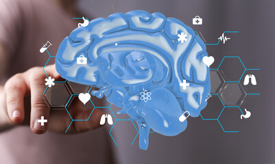 Digital healthcare concept.  Human brain model with medical icons. Neurology, neuroscience.