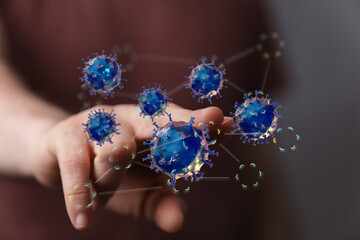 3D render of a hand interacting with a network of viruses.  Perfect for medical or technology...