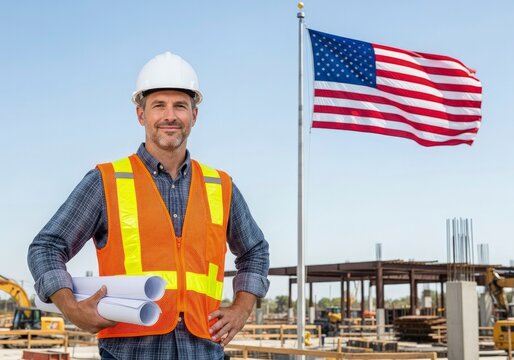 Construction worker smiling in safety vest near an American flag at a work site