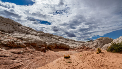 White Pocket in Utah, USA, a remote ecpanse of Navajo sandstone sculpted by wind and erosion into...