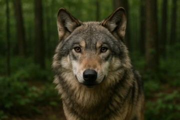 Fototapeta premium A solitary wolf stands guard in the heart of a verdant forest, its piercing gaze reflecting the untamed spirit of nature