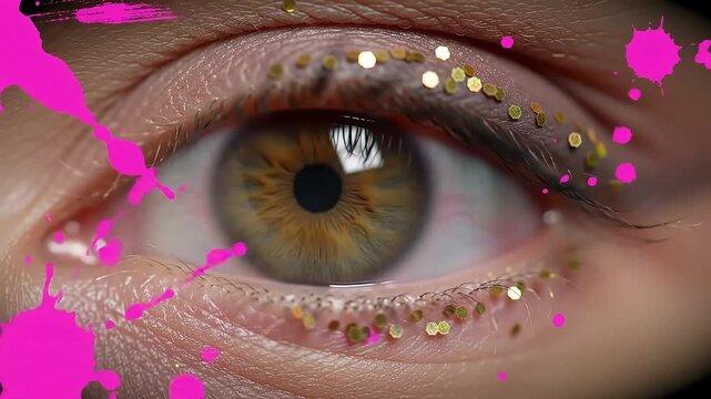Close-up eye, pink paint splatter, gold glitter, design