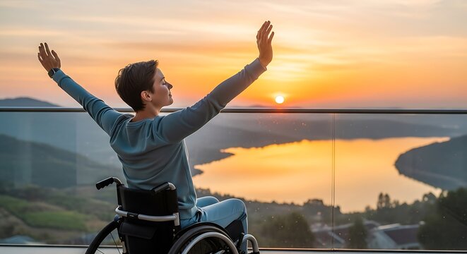 young man in a wheelchair with his arms raised, admiring the sunset on the balcony overlooking the natural landscape.
